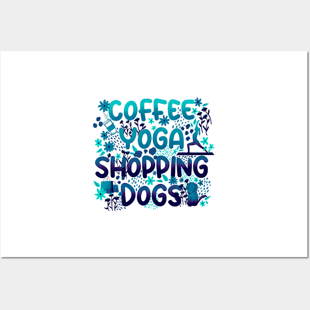 Coffee Yoga Shopping Dogs in Blue Wall Art by Booneb